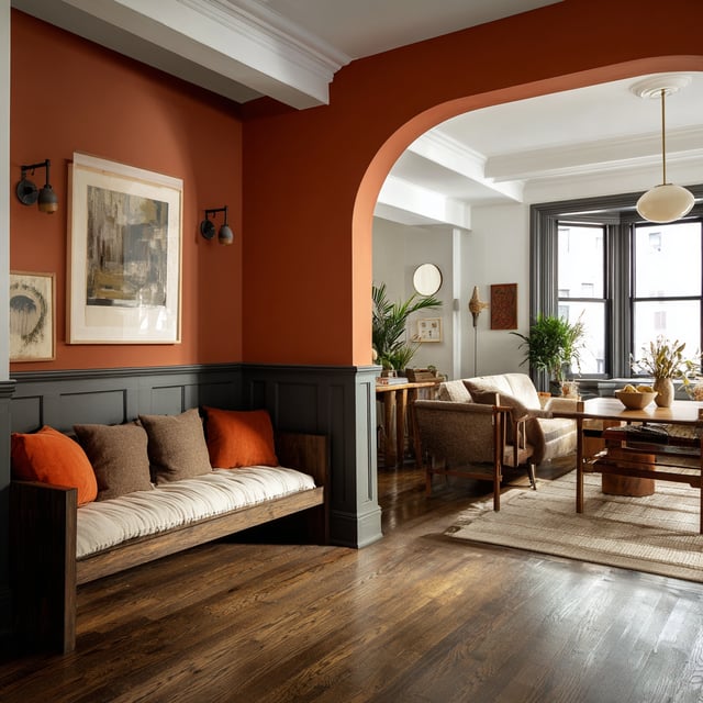 A living space with an arched entryway, featuring a dark wood bench with pillows, dark wood floors, and walls painted in a terracotta color and dark gray wainscoting.