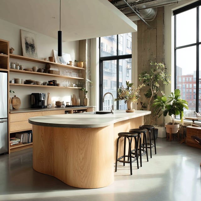 Open-concept loft kitchen with large rounded-edge island.