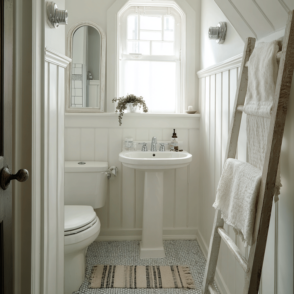 A bright, white bathroom featuring paneled wainscoting, a pedestal sink, and a decorative wooden ladder used as a towel rack.