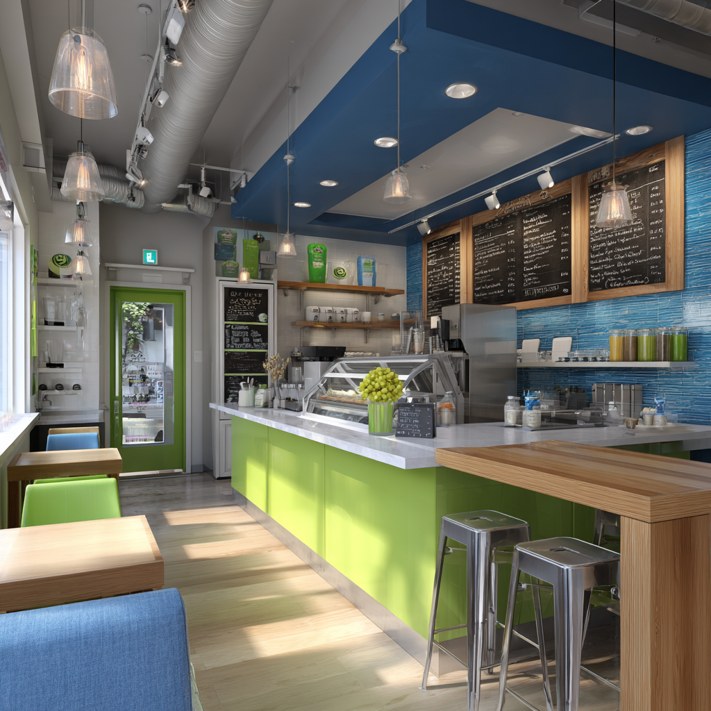 Modern cafe with wood slats, marble bar, and blue accents.