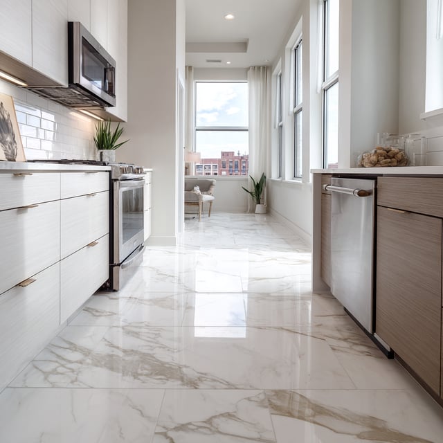A modern, narrow kitchen with a bright and airy aesthetic.