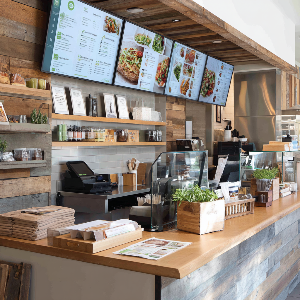 The image depicts a quick-service restaurant counter with a rustic wooden aesthetic, featuring digital menu boards displaying fresh food options, a point-of-sale system, and various items on a wooden countertop and shelving.