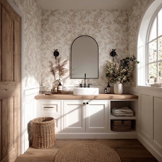 Bathroom vanity with floral wallpaper and arched mirror.