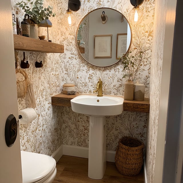 Farmhouse powder room with floral wallpaper and gold sink.