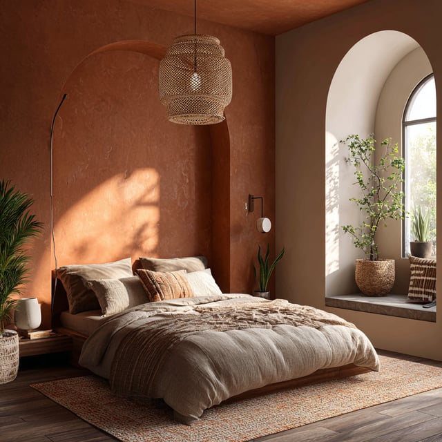 A side-profile shot of a basement bedroom featuring a bed with neutral-toned bedding, a woven pendant light, and a large arched window with a plant on the sill, all set against textured, reddish-orange accent walls.