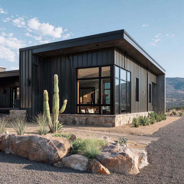 Modern desert home with black siding and stone foundation.