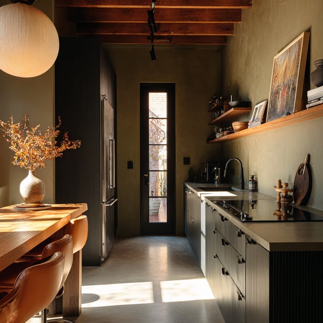 A narrow kitchen with dark green walls, ribbed cabinetry, wooden open shelving, a large wooden dining table, and a glass-paneled back door.