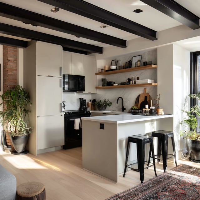 Sleek loft kitchen with black metal beams and marble walls.