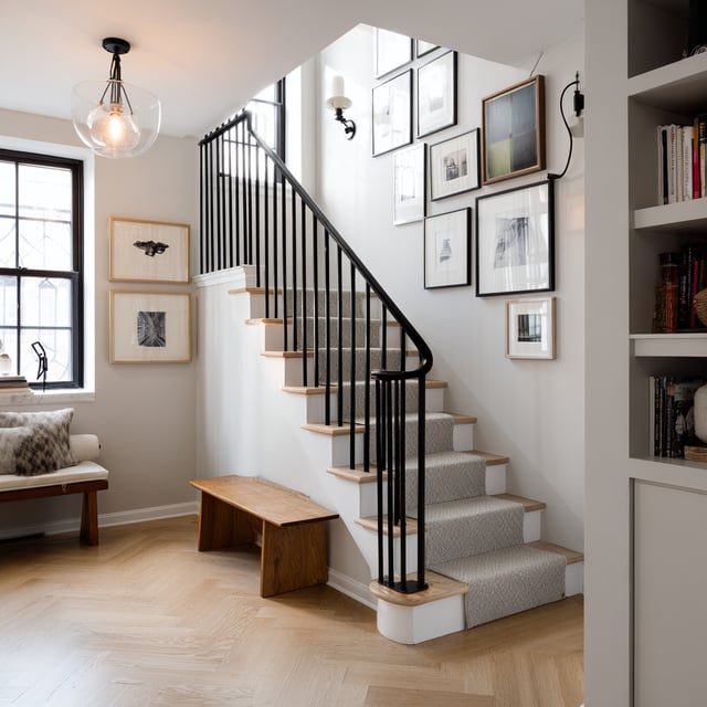 Carpeted stairs with a black metal banister and gallery wall.