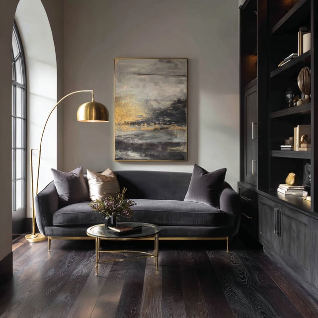 A sophisticated living room featuring a dark velvet sofa, a gold arched floor lamp, and a large abstract painting on a grey wall.