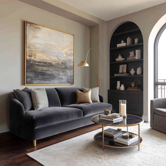 A sophisticated living room featuring a dark gray velvet sofa, a gold-framed abstract painting, and a black marble coffee table.