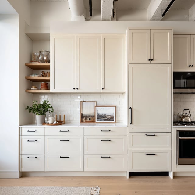 A straight-on, centered, full elevation view of a modern kitchen with cream-colored, flat-panel cabinets, black handles, open shelving, a white subway tile backsplash, and stainless steel appliances.