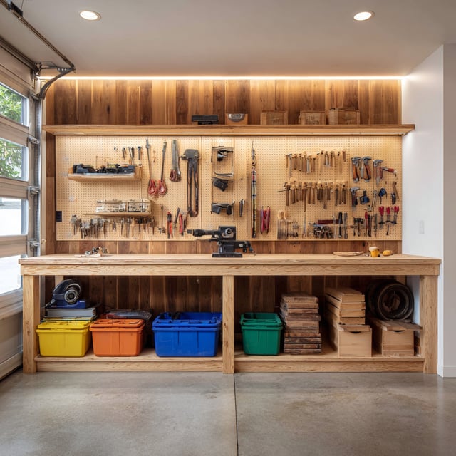 Garage workbench with a pegboard, tools, and colorful bins.