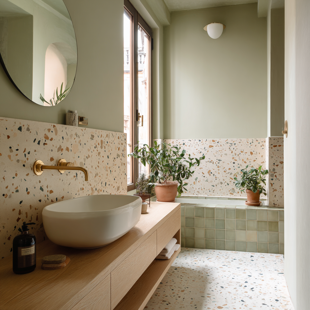 Terrazzo and pale green bathroom with wood vanity and plants.