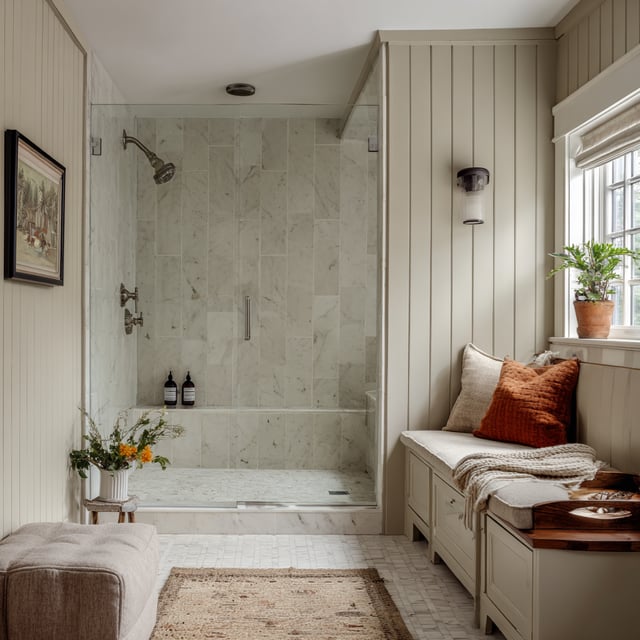 Cozy bathroom with marble shower, wall paneling, and bench.
