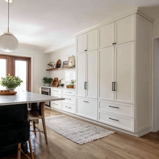 Modern cream kitchen cabinets with wood floors and a woven rug
