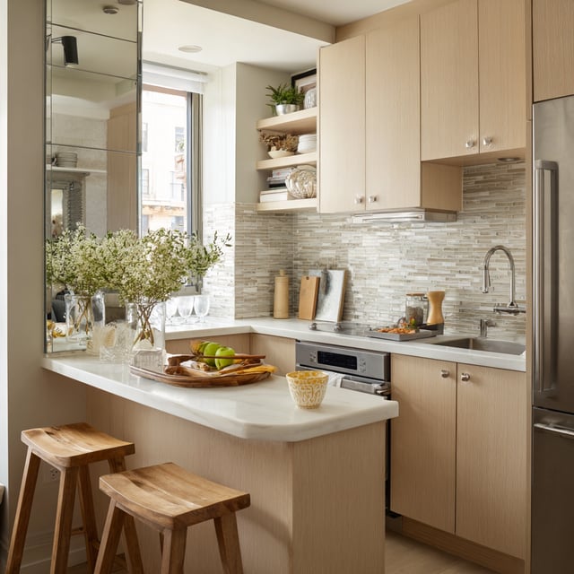 Small kitchen with light wood, marble, and organic decor.