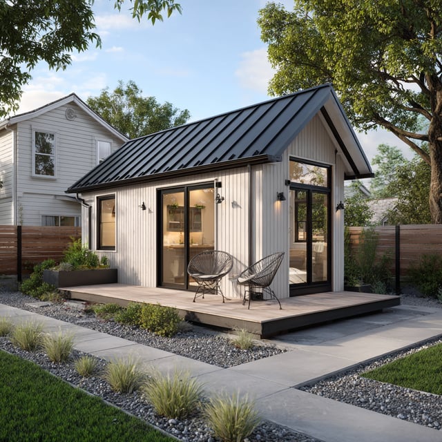 A modern white tiny house with a black metal roof and a wooden deck, set in a landscaped yard next to a larger home.