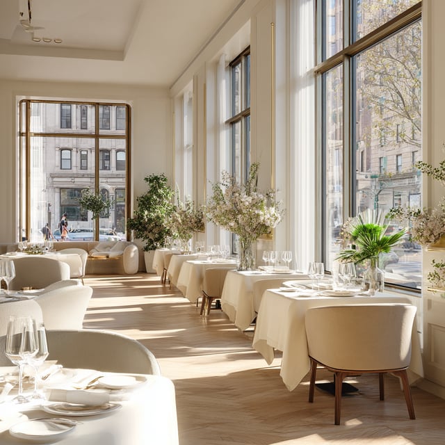 An upscale, sunlit restaurant interior features rows of cloth-draped tables set with white dishes and wine glasses, light-colored chairs, floral arrangements, and large windows looking out onto a city street.