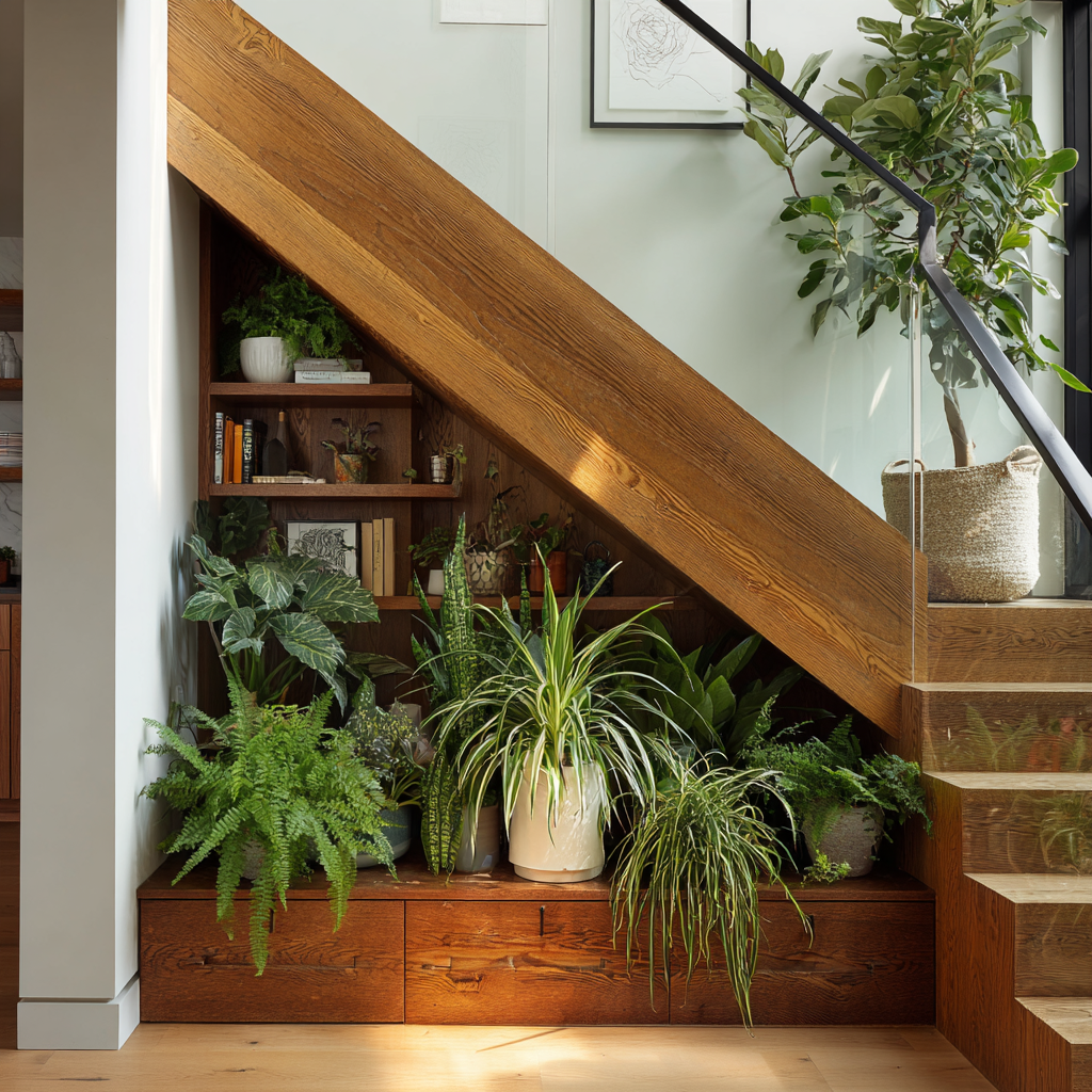 Warm modern under-stairs plant nook with rich walnut wood paneling and shelves, lush green foliage plants, built-in drawers, glass stair railing, light wood flooring, and a biophilic, natural design aesthetic.
