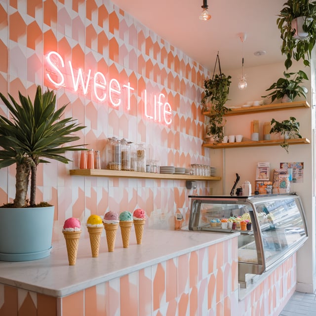 Pink ice cream shop with neon sign, cones, and tiled walls.