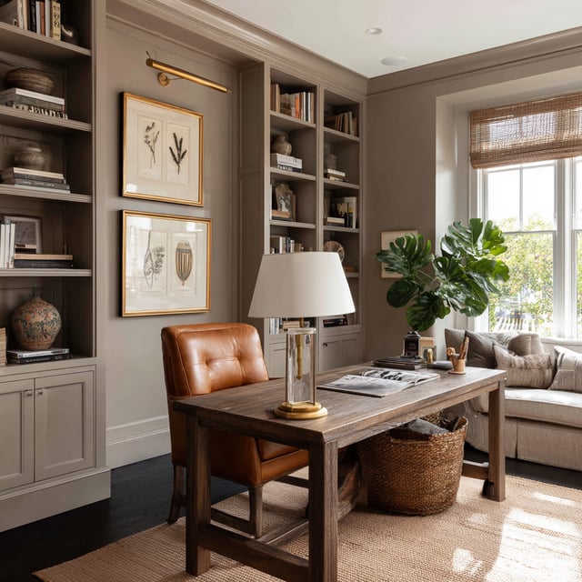 A warm and inviting home office featuring a wooden desk, a brown leather chair, built-in bookshelves, framed botanical art, and a large window with a woven shade.