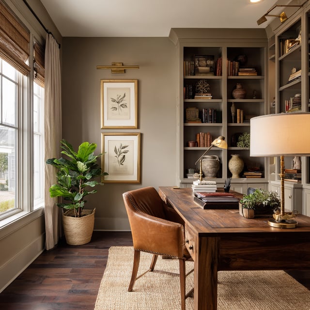 Warm home office with wood desk leather chair plant and shelves