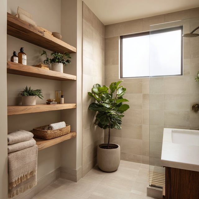 Beige bathroom with wood shelves, large plant, and shower.