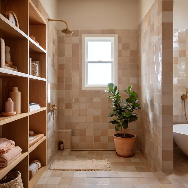 Beige tiled bathroom with wood shelving, plant, and shower.