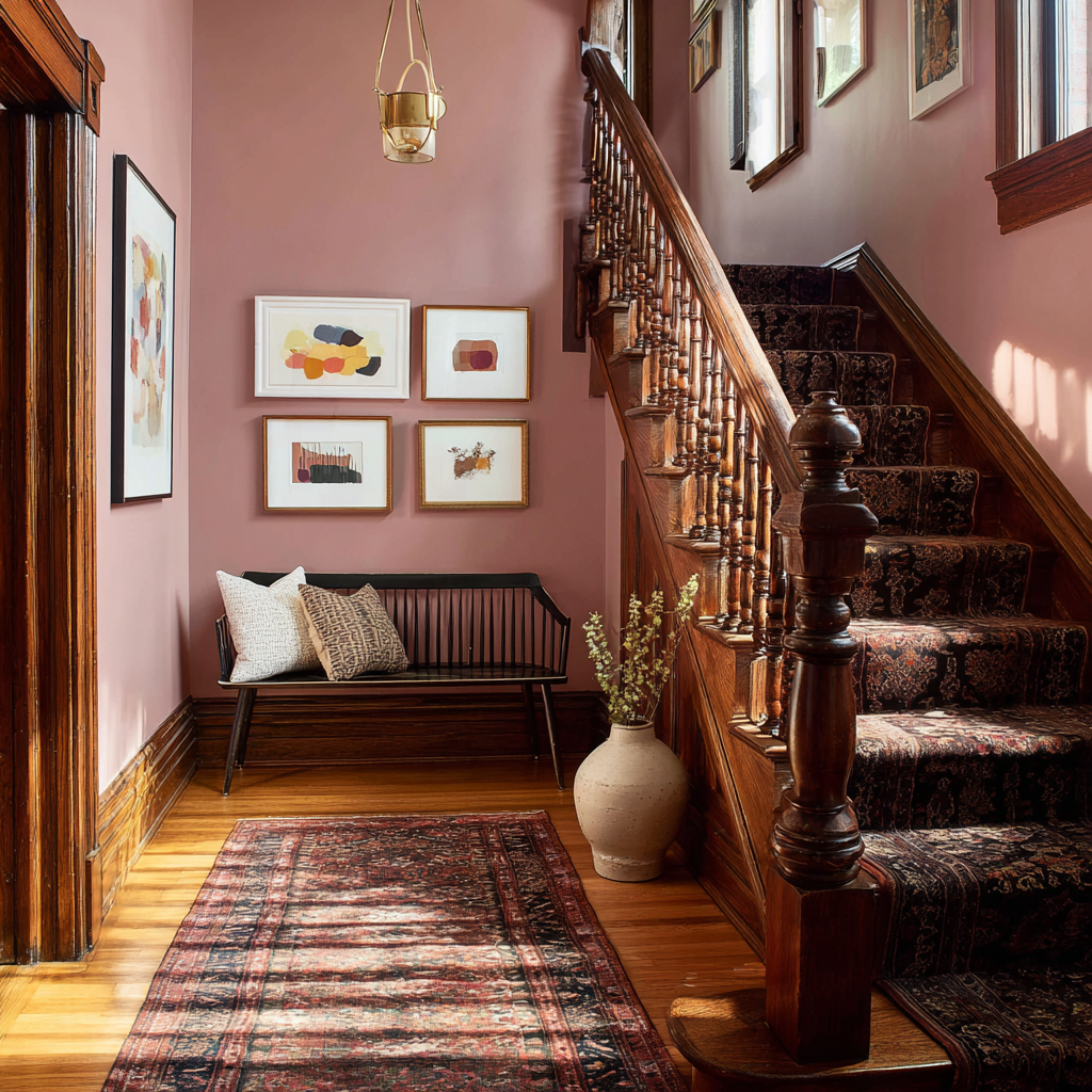 A traditional entryway features deep rose-colored walls, a dark wood staircase with a patterned runner, a black bench with pillows, and a gallery wall above a patterned area rug on a wood floor.