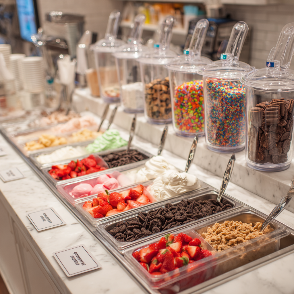 Toppings bar with fresh fruit, sprinkles, and cookie bits.
