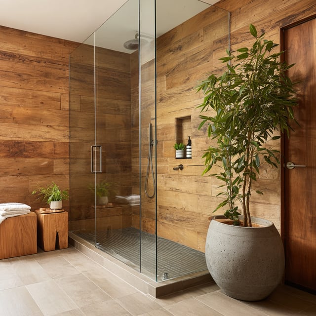 Zen bathroom featuring a glass shower and wood walls.