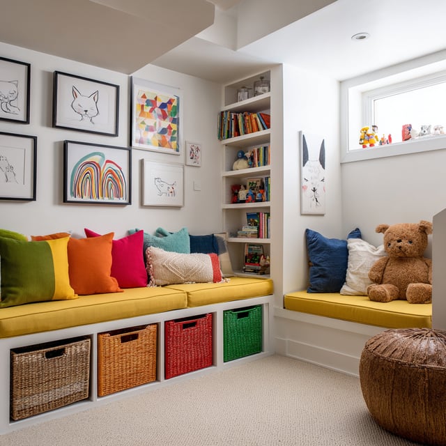 A bright basement playroom features built-in white shelving with colorful books and toys, a long yellow upholstered bench with storage baskets below and various colorful throw pillows, a gallery wall of framed artwork, and a window with a small sill, all set on a light-colored carpet.