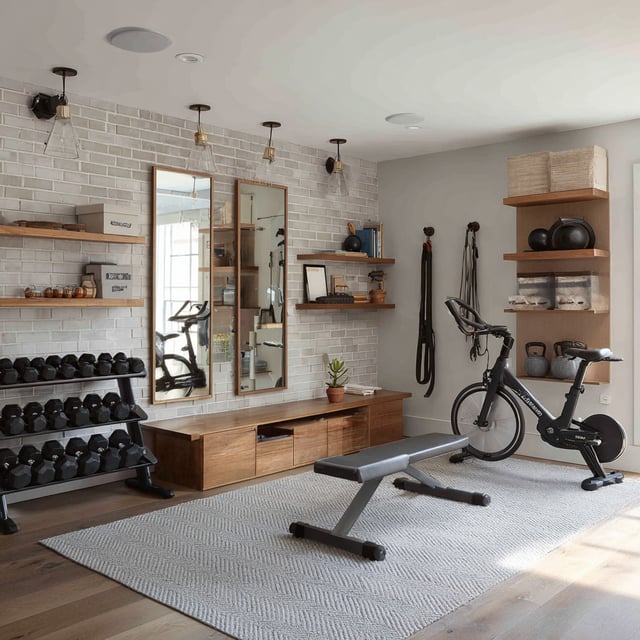 A compact home gym is featured with light brick-patterned walls, wooden shelving, an exercise bike, a weight rack, a weight bench, and two full-length mirrors.