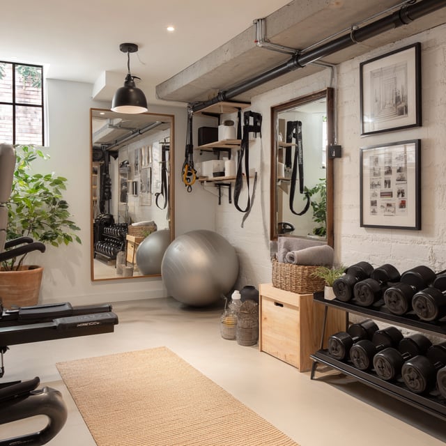 A compact basement home gym features white brick walls, a concrete ceiling with exposed piping, two large mirrors, a rack of dumbbells, a yoga ball, and a woven rug.