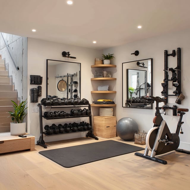 The image shows a compact industrial-style basement home gym featuring various pieces of exercise equipment like an elliptical trainer, stationary bicycle, treadmill, and weights, with a television mounted on the wall above a small shelf.