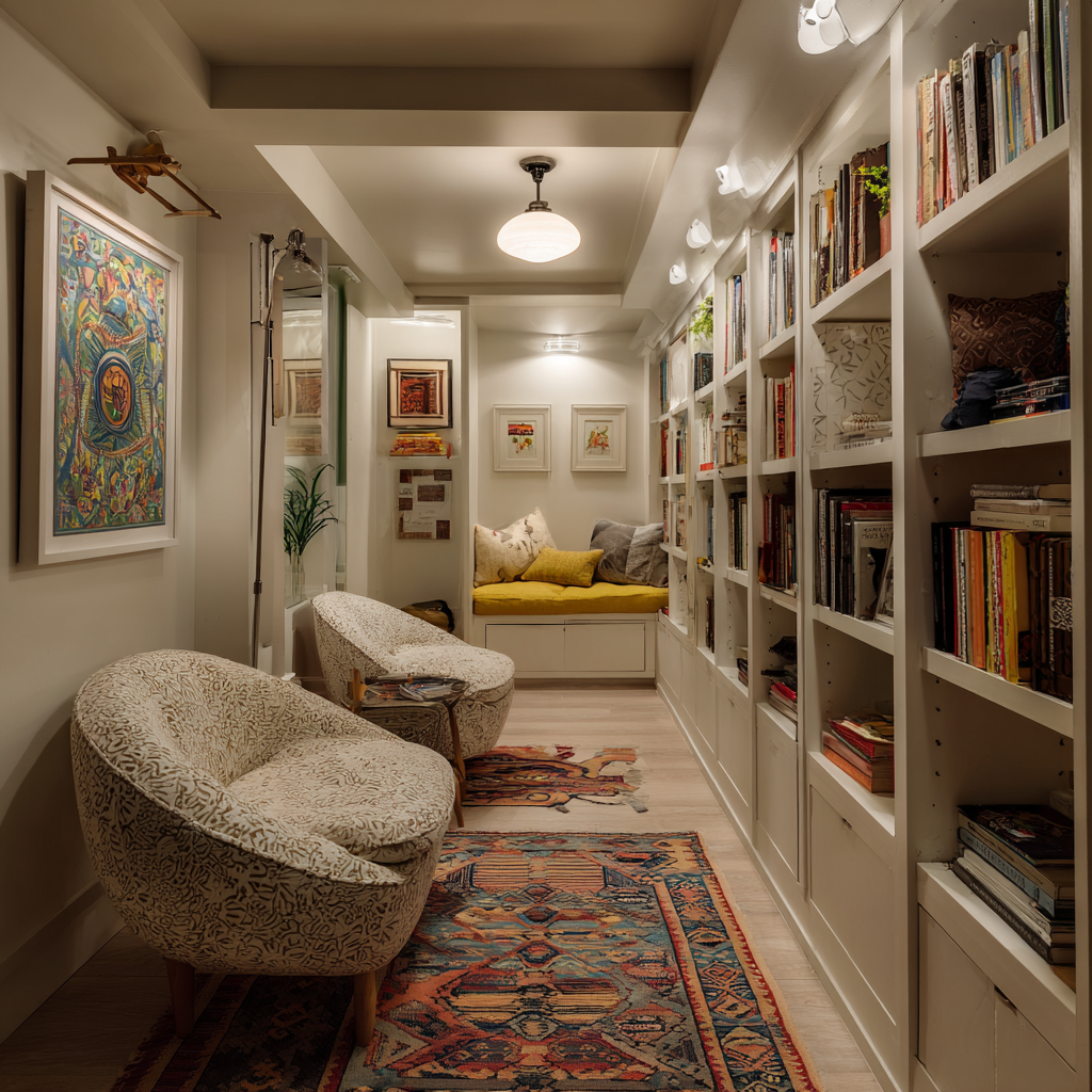 Narrow cozy basement reading nook with built-in bookshelves, upholstered chairs, patterned rugs, warm ceiling lights, and a cushioned window seat at the end.