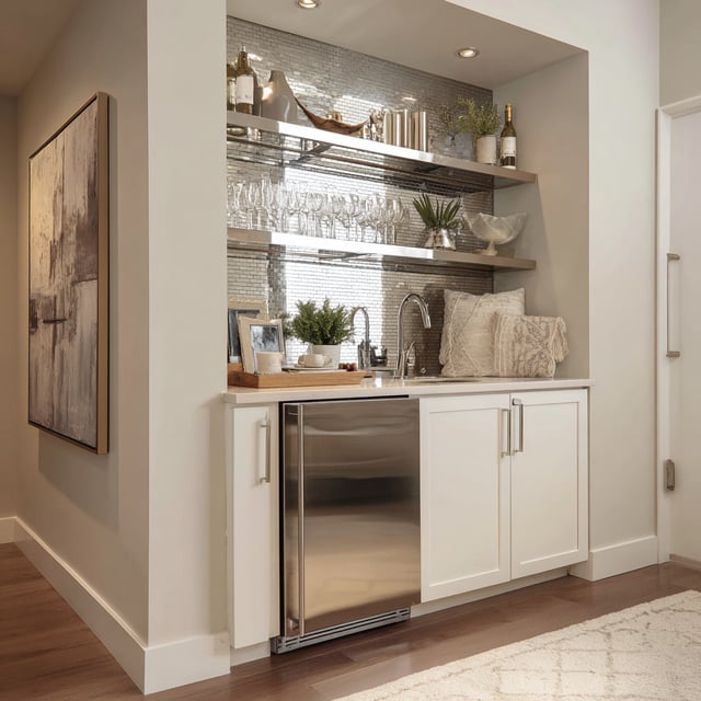 A modern, slimline wet bar features white cabinetry, a stainless steel under-counter refrigerator, a sink with a chrome faucet, and mirrored mosaic tile as a backsplash behind glass shelves displaying glassware and bottles.