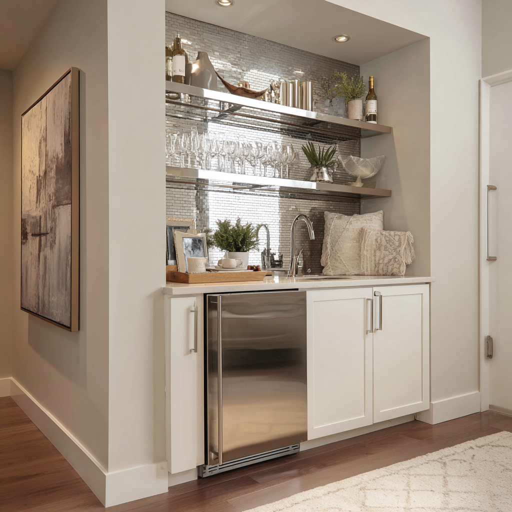 Slimline basement bar with white cabinetry, mirrored backsplash, open shelves displaying glassware and bottles, a built-in sink, and an under-counter stainless steel refrigerator.