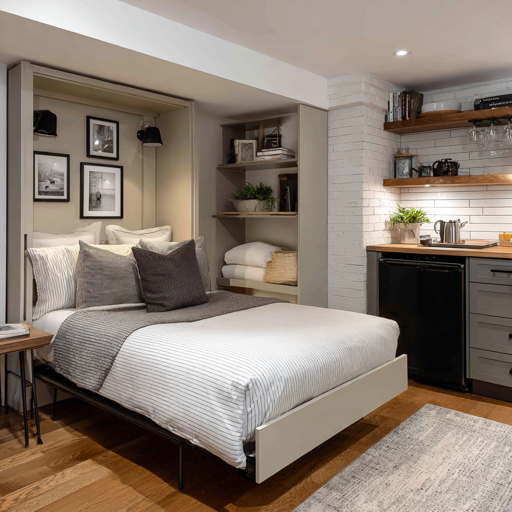 compact in-law suite with Murphy bed and kitchenette