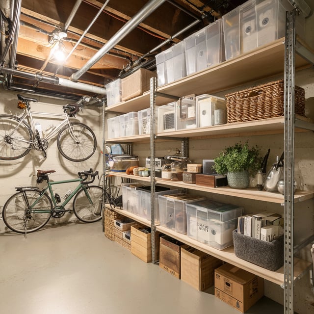 A brightly lit, exceptionally organized basement storage room.