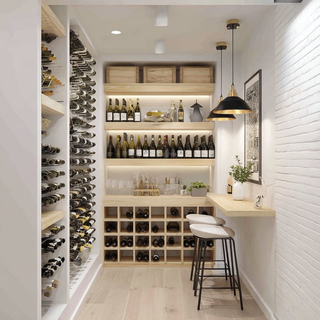 A tiny basement with wine cellar designed with a clean and airy aesthetic.