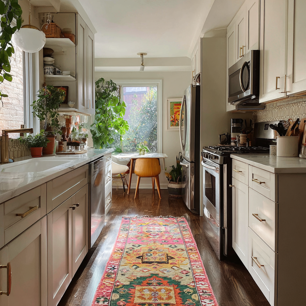 A narrow transitional kitchen with white shaker cabinets, marble countertops, stainless steel appliances, abundant plants, and a small dining nook, featuring dark hardwood flooring accented by a colorful patterned runner rug.