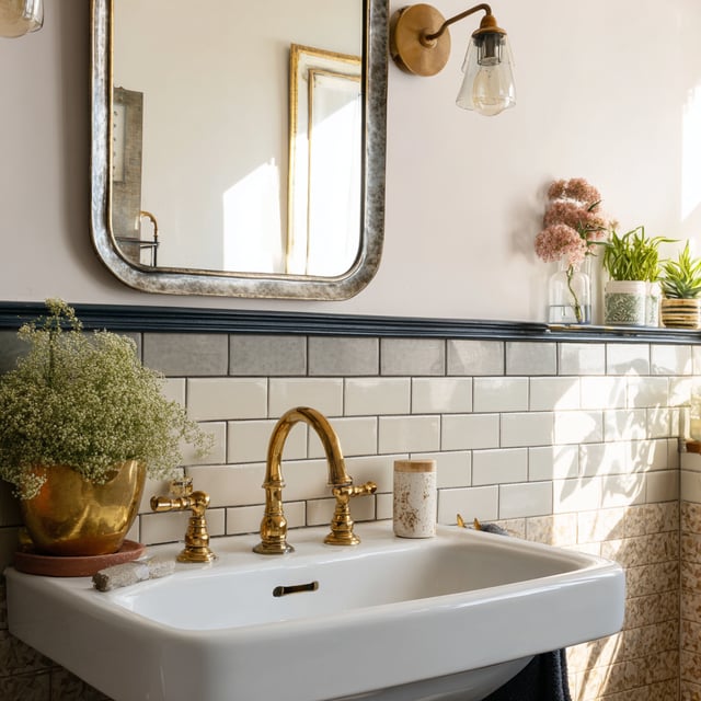 Vintage sink with gold hardware, subway tiles, and plants.