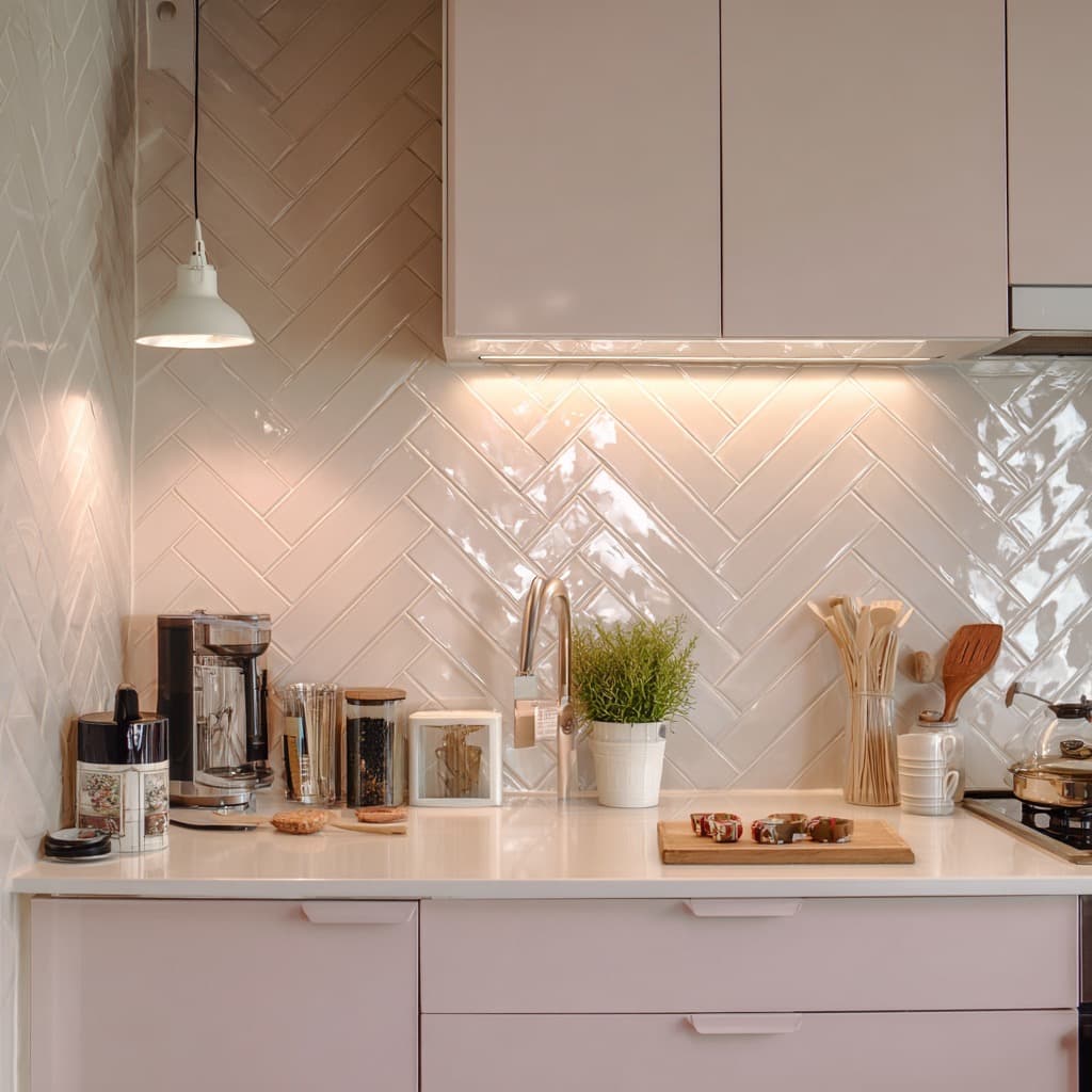 Kitchen wall with a tile backsplash behind the counter