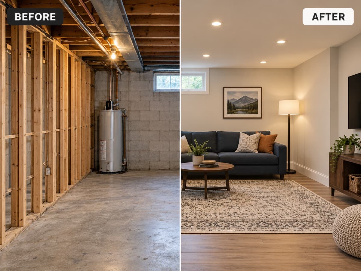 The same basement before finishing, with open studs, block walls and a water heater, and after, finished with recessed lights, wood floors and a sofa